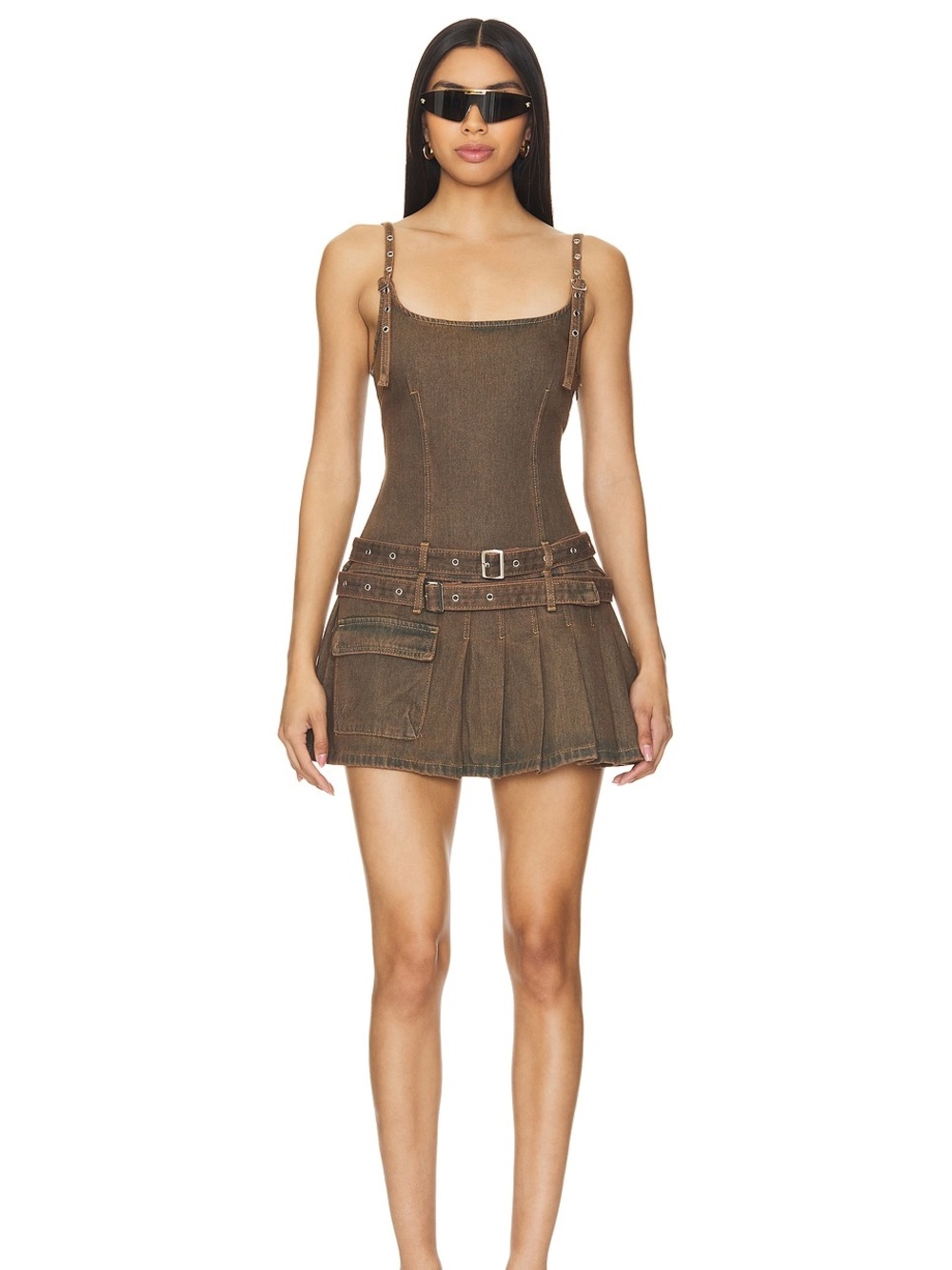 NWT Lioness Biker Mini Dress Petrol Brown Denim belted Revolve